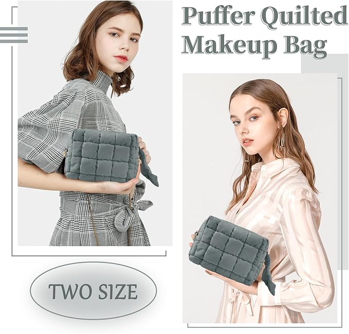 Puffer Quilted Makeup Bag Cosmetic Bags,Puffy Travel Toiletry Pouch for Women,Cute Checkered Zipper Bag Travel Essential,Portable Aesthetic Make up Organizer Bag for Gifts Work Daily(Grey,S)