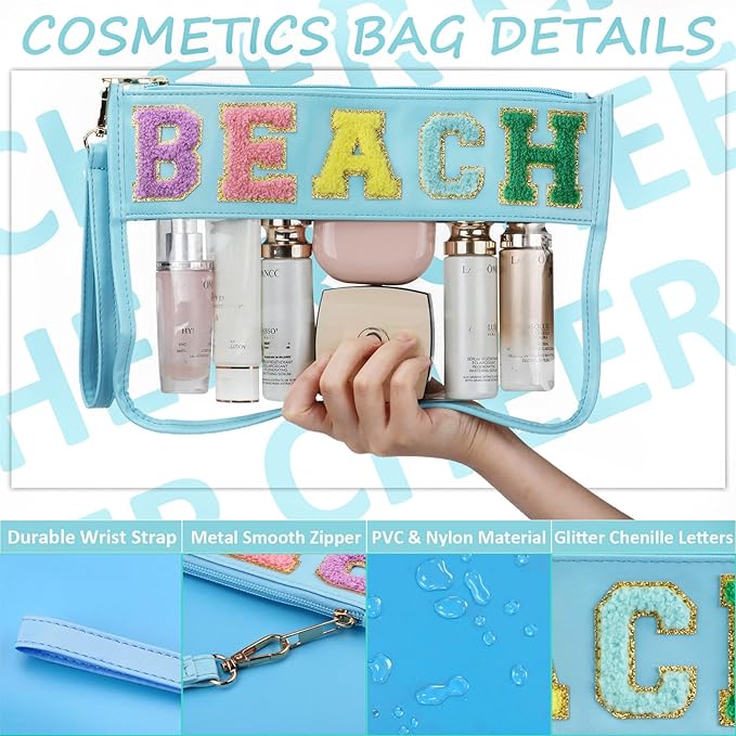 BuyCard Chenille Letter Bag, Clear Beach Purse, Clear Cosmetic Zipper Pouch for Travel, Portable Water-proof Preppy Makeup Toiletry Flat With Zipper, Organizer for Women Girls Blue