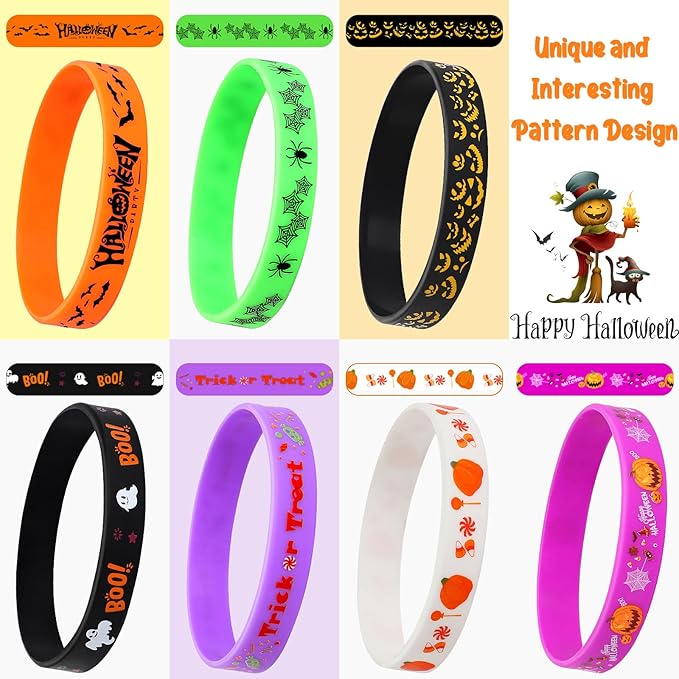 JUNEBRUSHS 42pcs Halloween Party Favors Silicone Bracelets Rubber Wristbands for Halloween Party Decorations Accessories Trick or Treat Goodie Bag Stuffers Fillers Supplies(7 Designs)