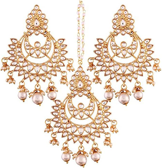 Aheli Ethnic Faux Kundan Drop Pearl Beads Dangle Earrings Maang Tikka Set Bollyood Fashion Jewelry for Women & Girls