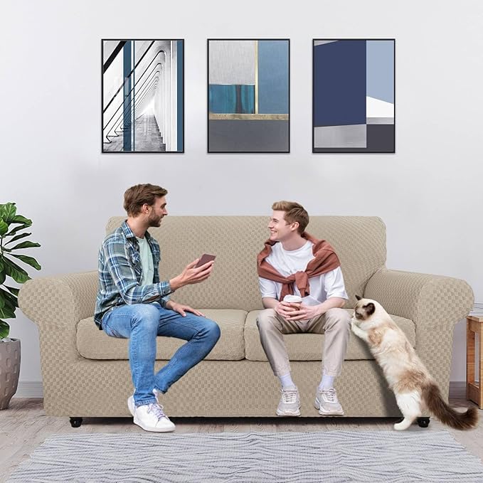 MAXIJIN 3 Piece Stretch Couch Covers for 2 Cushion Couch Sofa Slipcovers with 2 Extra Large Seat Cushion Couch Jacquard Loveseat Sofa Couch Cover for Dogs (2 Cushion Sofa, Khaki)