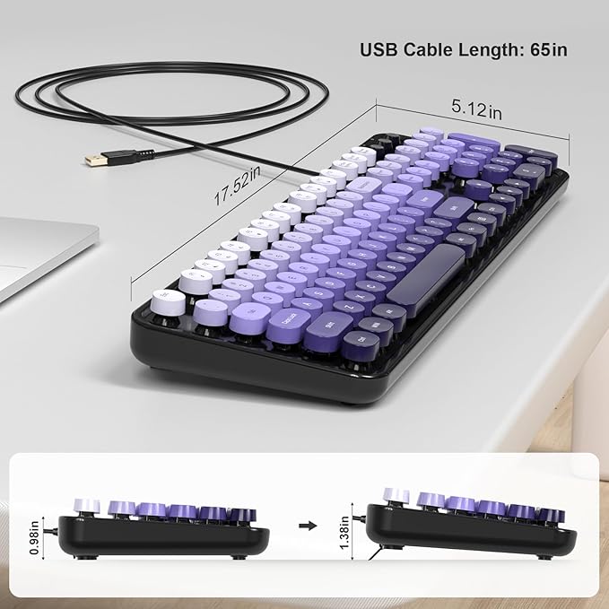 Computer Keyboard Wired, Retro USB Keyboard with Large Number Pad, Caps Indicators, Foldable Stands, Full Size Typewriter Keyboard for Windows PC Laptop (Black Purple)