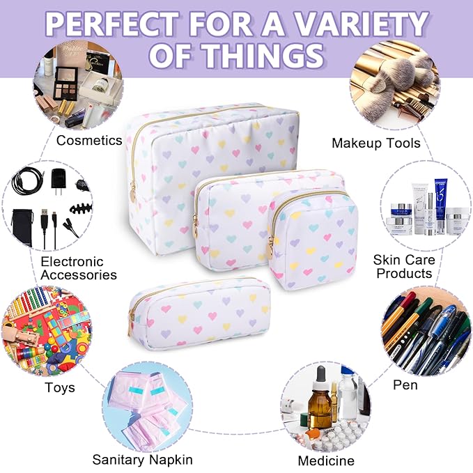 UIXIZQ Mini Makeup Pouch for Purse, Nylon Travel Toiletry Organizers Small Cosmetic Bag for Women Girl, Checkered Cute Zipper Coin Purse Preppy Storage Bag for School Work(Mini-White Heart)