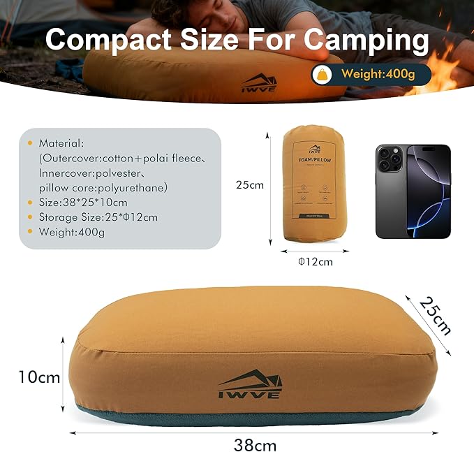 IWVE Thick Camping Memory Foam Pillow, Compressible & Ultralight Travel Pillow for Backpacking - Ergonomic Neck & Lumbar Support for Side Sleepers, Compact for Hiking, Car, Airplane