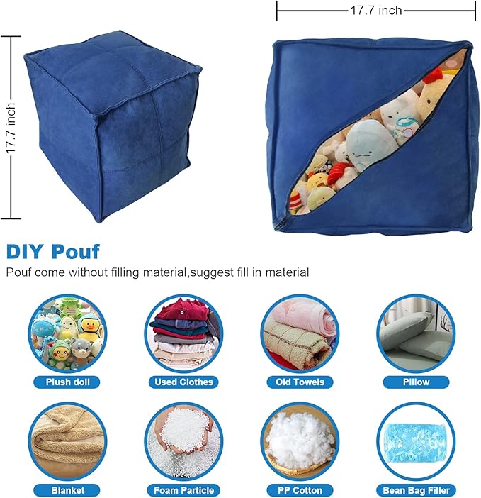 Louis Donné Unstuffed Pouf Ottoman Luxurious Premium Fabric Pouf Cover in Jewel Blue Scratch & Dirt Resistant with Hidden Storage Stylish Foot Rest Cover for Living Room Bedroom Patio Only Cover