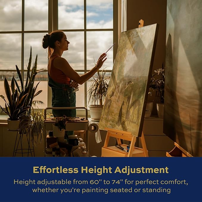 Large Adjustable Beech Wood Painting Easel with Storage Drawer (60"~74" H), Holds up to 36", Art Easel for Adults Artist Beginners Students