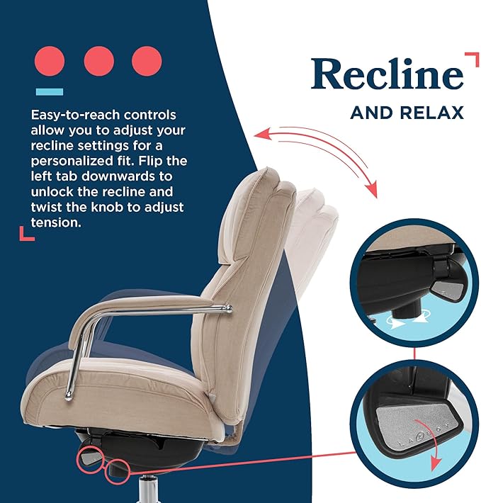 La-Z-Boy Sutherland Quilted Leather Executive Office Chair with Padded Arms, High Back Ergonomic Desk Chair with Lumbar Support, Cream Microfiber Fabric