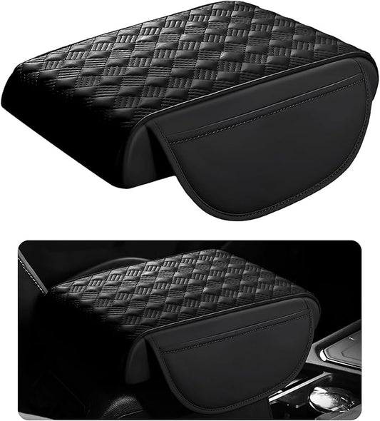 Hbxdeco Car Armrest Cushion, 12.2"×8.3" Leather Auto Memory Foam Center Console Pad with Storage Pocket, Waterproof & Anti-Scratch Elbow Pillow Armrest Seat Box Protector, Universal Fit (Black)