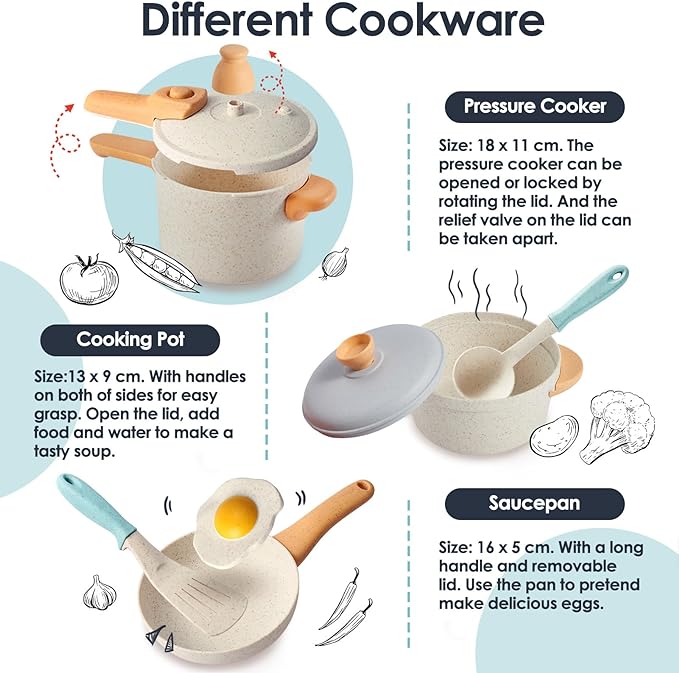 BUYGER Pretend Play Kitchen Accessories Toys Set, Cookware Pots and Pans Cooking Utensils Playset Gifts for 3 4 5 Years Old Kids Girls Boys Toddler