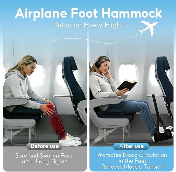 1-Pack Airplane Foot Hammock, Adjustable Plane Foot Rest for Long Flight, Plane Travel Essentials to Relax Your Feet, Foot Rest for Air Travel, Desk & Car