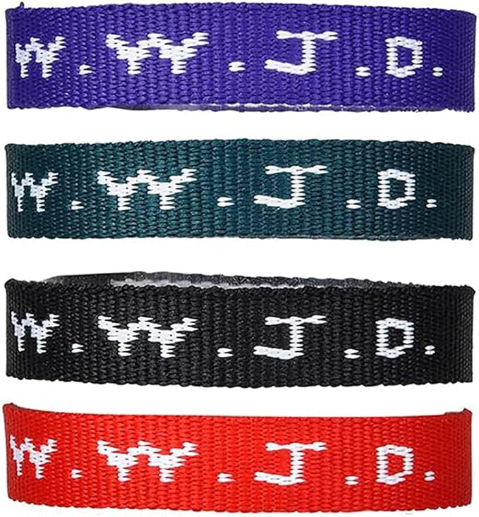 AMERICAN WIT Colorful W.W.J.D. Webbing Bracelets (12 Pack) (“What would Jesus do?”) Colors: black, army green, purple, bright red Religious Christian Wristband,