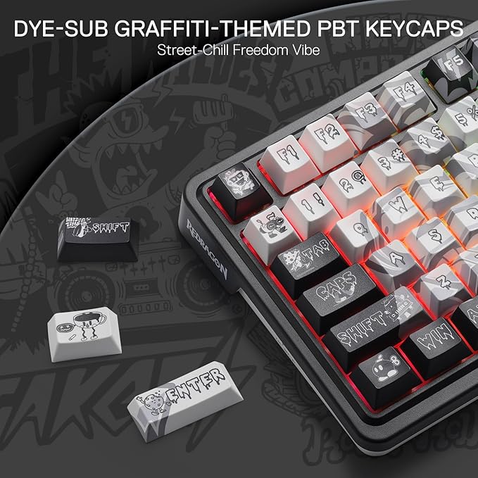 Redragon K719 PRO Wireless Gasket Gaming Keyboard w/Hype Screen & Knob, 95 Keys Mechanical Keyboard, Easy-Control 1.14’’ TFT Info Display, 5-Layer Noise Dampening, Street Graffiti Dye-Sub PBT Keycaps