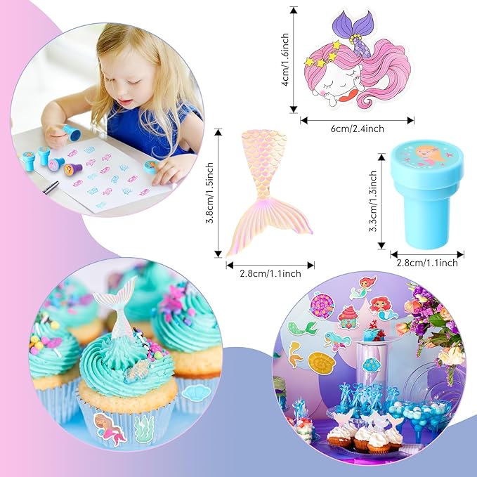 Hungdao 178 Pcs Mermaid Birthday Party Favors for 16 Kids with Keychain Sticker Stamp Ring Slap Bracelet Tattoo Sticker Gift Bag Tag For Summer Swimming pool Beach Party Carnival