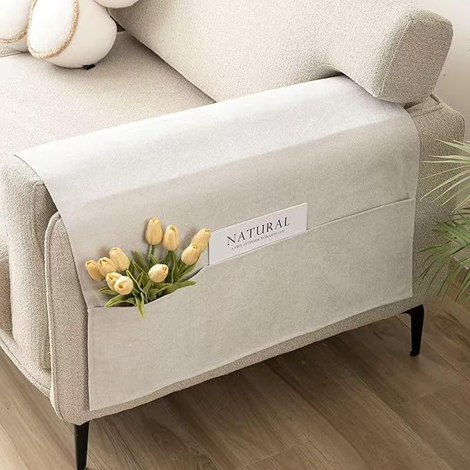 2 Pack Armchair Caddy for Couch Remote Control Holder Recliner Armrest Organizer Non Slip Sofa Arm Chair Caddie with 3 Pocket Storage for Magazine, Tablet, Phone, iPad (Beige White)