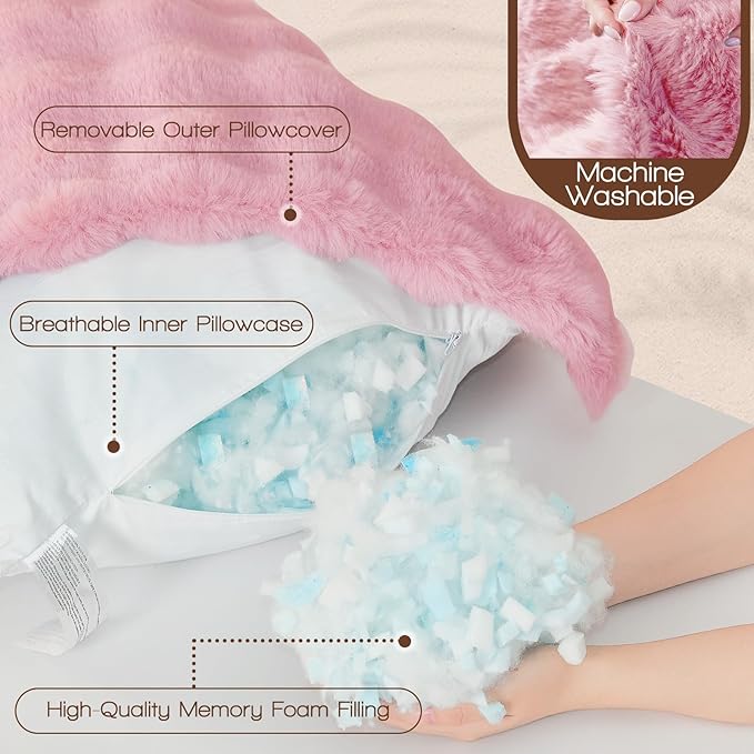 YZ HOME Faux Fur Fluffy Body Pillow for Adults - Firm Body Pillow Insert with Shredded Blue Memory Foam, Adjustable Height, Soft Support for Side Sleeping, Pregnant Women, Washable, 20x54 Inch (Pink)
