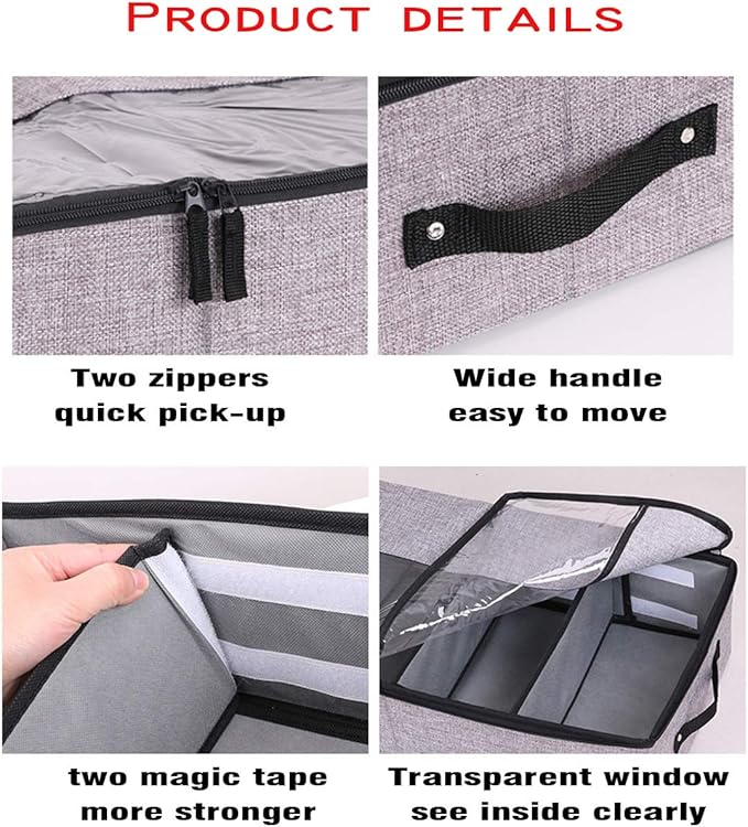 AARAINBOW 2 Packs Foldable Under Bed Clothes Organizer with Lids, Underbed Storage Container with Adjustable Dividers, UnderBed Storage Bins with Handles and Clear Window (Gray+Light Gray)