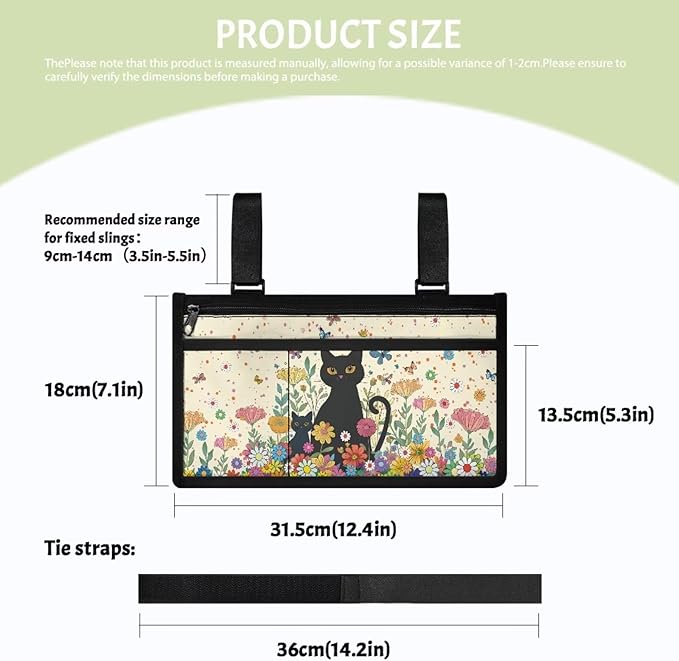 ZOUTAIRONG Wheelchair Bag wiht Cup Holder for Adults Walker Bags and Pouches Wheelchair Bags to Hang on Side Power, Black Cats Flowers