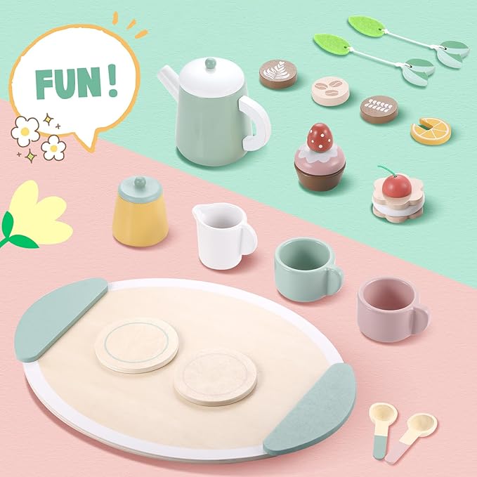 GAGAKU Wooden Tea Set for Kids, Wood Tea Party Set for Little Girls Wooden Coffee Afternoon Tea Toys Play Food forToddler Pretend Play Kitchen Accessories for Kids