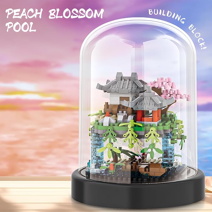 Cherry Blossom Tree House Building Block Sets with Acrylic Display Box Chinese Architecture of Peach Blossom Bonsai Treehouse Micro Mini Building Set Toy Gift for Kids Adults（2 Boxes）