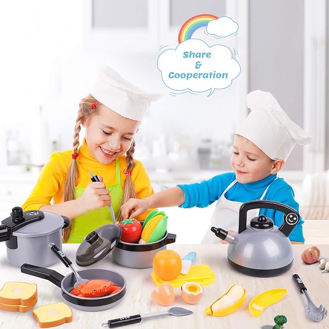 iPlay, iLearn Kids Kitchen Toy Accessories, Toddler Cooking Playset, Pretend Pots Pans Set, Girls Cookware Appliance, Child Cutting Food Utensils, Valentine's Easter Gift for 3 4 5 Years Old Boys-Gray