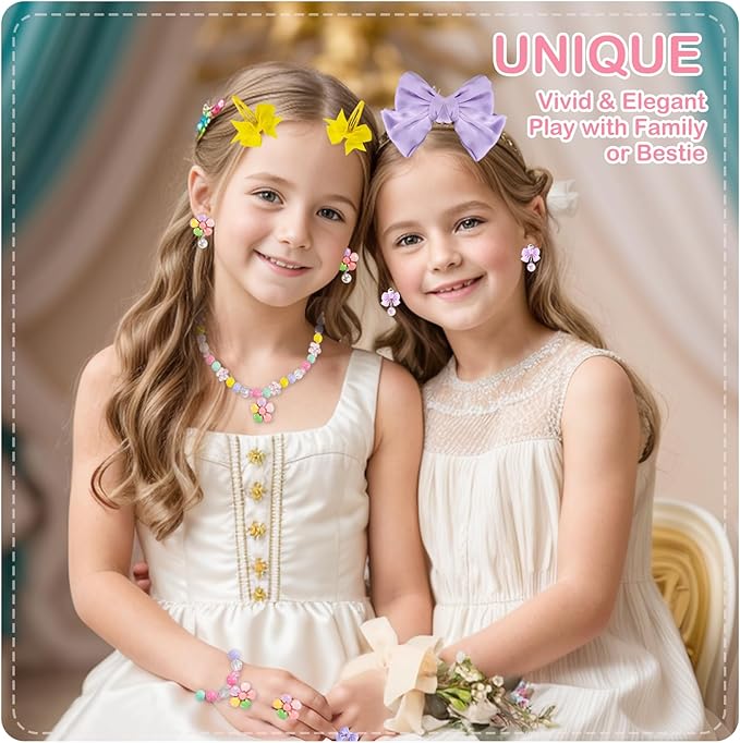 Handmade Unique Flower Pendant Kids Jewelry Set for Little Girls Toddler - Stretch Necklace Bracelets Rings Clip On Earrings - Bow Hair Clips - Birthday Party Costume Dress Up w/Gift Box Bags