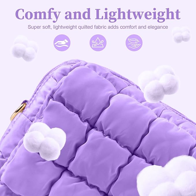 Puffer Quilted Makeup Bag Cosmetic Bags,Puffy Travel Toiletry Pouch for Women,Cute Checkered Zipper Bag Travel Essential,Portable Aesthetic Make up Organizer Bag for Gifts Work Daily(Purple,S)