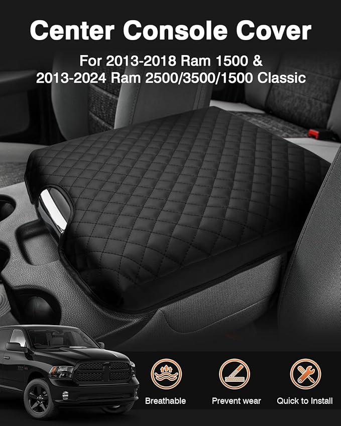 Shademax Center Console Cover for 2013-2018 Ram 1500 & 2013-2024 Ram 2500/3500/1500 Classic Accessories Armrest Cover Cushion Pad for Jump Seat Console Leather Armrest Seat Box Console Lid Protector