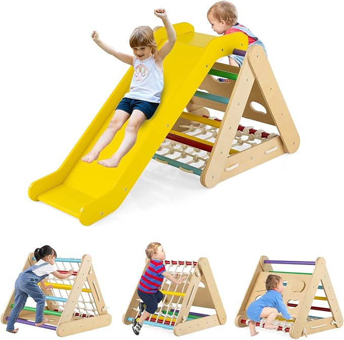 HONEY JOY 4-in-1 Triangle Climber with Ramp, 3-Side Kids Climbing Triangle Ladder with Net Rope & Bars, Wooden Montessori Climbing Toys for Toddlers Daycare, Gym & Playground, Gift for Boys Girls