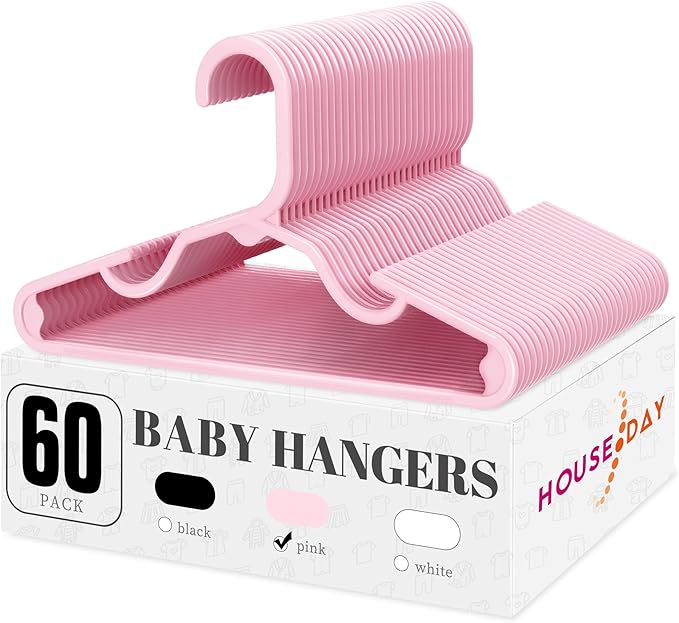 HOUSE DAY Plastic Baby Hangers for Closet 60 Pack, Durable Plastic Kids Hangers for Baby Clothes, Thin & Compact Childrens Hangers, Space Saving Pink Baby Hangers, Small Hangers for Kids Clothes