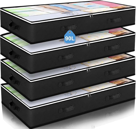 Budding Joy 90L Under Bed Storage Containers, Closet Organizers and Storage Bins, Foldable Underbed Storage Bags for Blankets, Towels, Comforter, Sweaters, Pillows, Linen Sheets, Wrapping Paper，Black