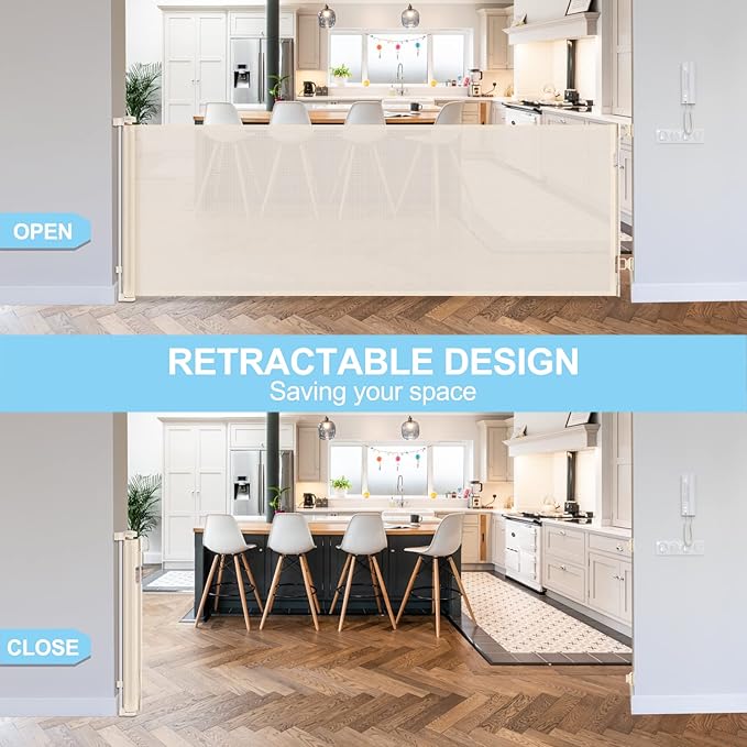 80 Inch Extra Wide Retractable Baby Gate for Large Openings,Retractable Baby Gate Safety Mesh Gate,Extra Long Dog Gates for Indoor/Outdoor,Doorways,Stairs,Hallways (Beige)