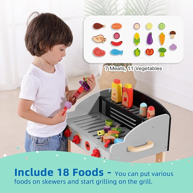 Kids Grill Playset Wooden Barbecue Toy Grill with Play Food Toy and Grilling Tools, Play Kitchen Accessories for Toddlers Age 3+
