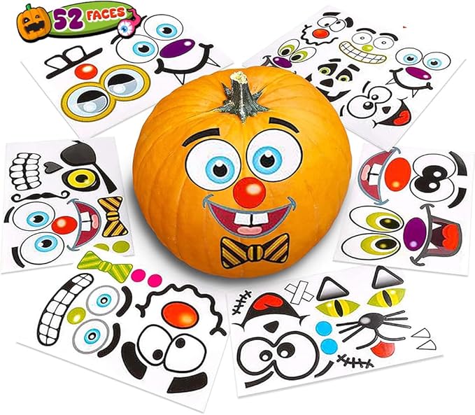 ArtCreativity Halloween Pumpkin Decorating Stickers - 24 Large Sheets - Jack-o-Lantern Decoration Kit - 52 Total Face Stickers - Cute Halloween Decor Idea - Treats, Gifts, and Crafts for Kids- 6" x 9"