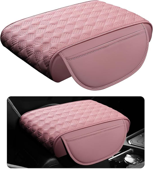 Hbxdeco Car Armrest Cushion, 12.2"×8.3" Leather Auto Memory Foam Center Console Pad with Storage Pocket, Waterproof & Anti-Scratch Elbow Pillow Armrest Seat Box Protector, Universal Fit (Pink)