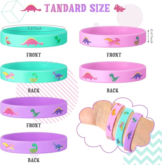 Chivao 30 Pack Dinosaur Party Favors Pink Dinosaurs Silicone Wristbands Rubber Bracelets for Girl Birthday Party Supplies Gifts Bag Stuffer 3 Colors