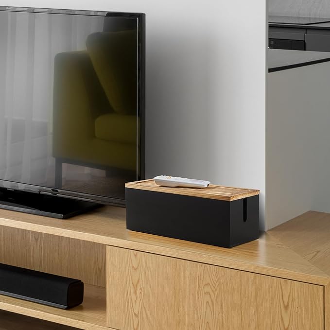 Bivvclaz Large Cable Management Box, Wooden Cord Organizer Box for Desk, Floor, Office to Hide Extension Cords Power Stripes Surge Protectors Chargers Wires, Black