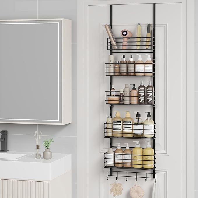 SWTYMIKI Over The Door Organizer - Door Organizer Hanging with 5 Adjustable Metal Large Capacity Basket and 6 Coat Hook, Wall Mounted Shelf for Bedroom Closet Bathroom Laundry Pantry Cabinet Kitchen