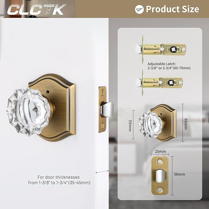 Glass Door Knobs Interior, Vintage Style Privacy Crystal Door Knobs with Lock, Antique Brass Door Knobs for Bedroom Bathroom, Push Pin Button Inside Lock, 1 Pack