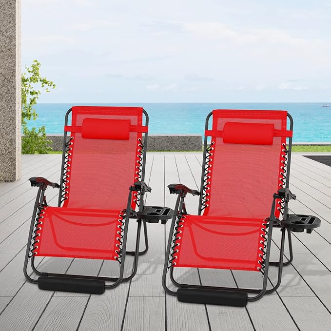 Athena Collection Zero Gravity Outdoor Lounge Chairs Set of 2, 29" Width Pool Lounge Lawn Chairs Reclining with Cup Holder Food Pad, Outdoor Chaise for Beach Patio Backyard Outside, Red