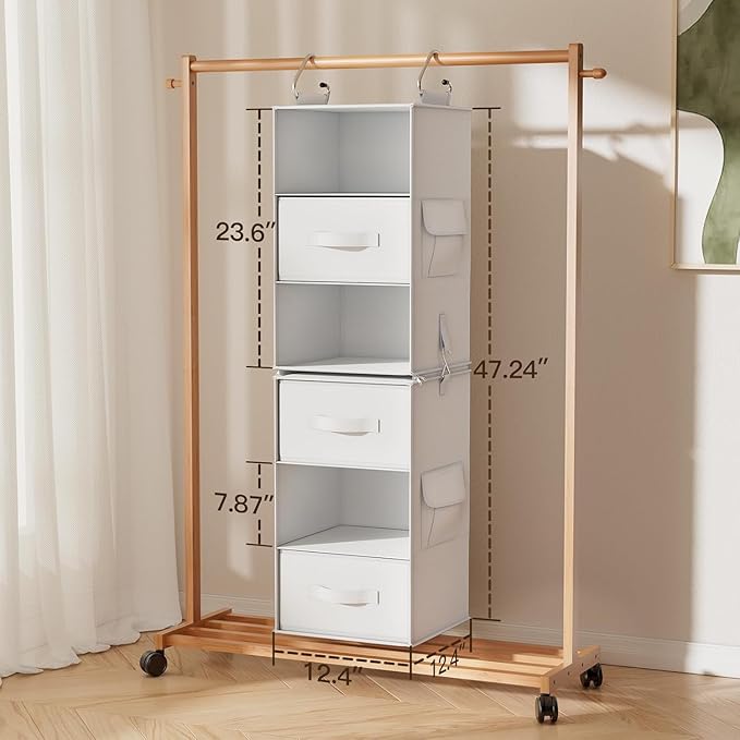 Pipishell 6-Shelf Hanging Closet Organizer with 2 Separable 3-Tier Shelves, 3 Drawers & Side Pockets Closet Organizers and Storage for Wardrobe Organization and Nursery Clothes Organizer, White