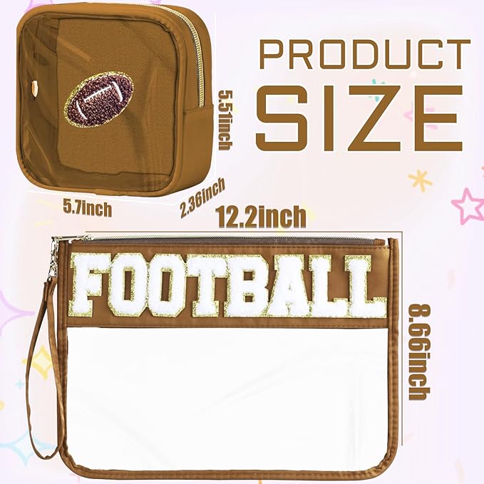 BuyCard 2 Pcs Football Gifts Makeup Bag with Chenille Letter Patch, Clear Cosmetic Pouch PVC Organizer Purse, Waterproof Travel Bag, Portable Toiletry Storage Bag for Her Girls Friends Women
