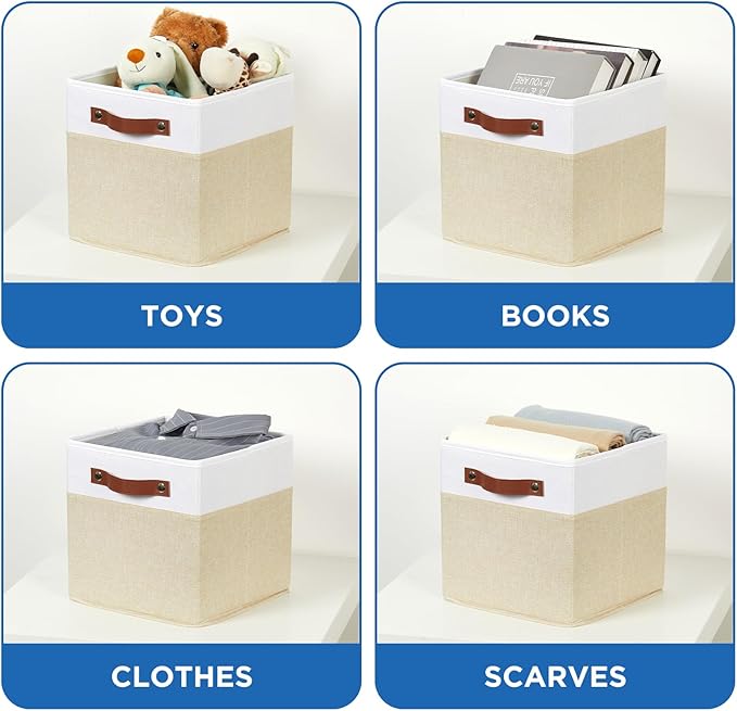 Temary Foldable Fabric Storage Bins with Lids, 2-Pack Storage Bin for Organizing Living Room, Closet Organization, Multi-Purpose Storage Boxes for Clothes (White&Khaki, 10.5x10.5x10.5in)