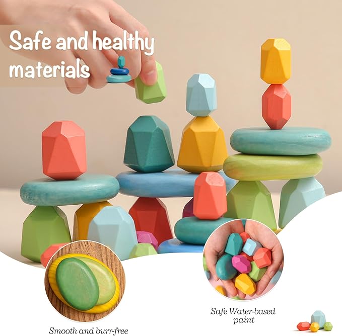 OESSUF Stacking Rocks 26Pcs Stacking Blocks Balancing Stacking Stones Wooden Building Toys Wood Stone Stacking Game for Toddler Sorting Preschool Educational Montessori Stacking Rocks for Kids