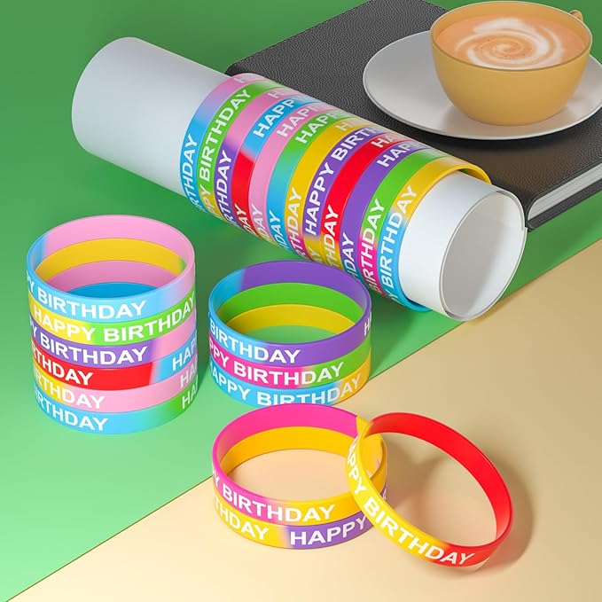 CHRORINE Happy Birthday Rubber Bracelets 12 Styles Silicone Wristbands for Classroom Birthday Party Favors 24 Pieces