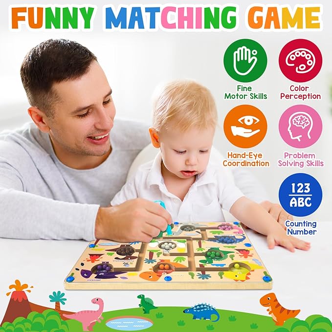 Magnetic Color and Number Maze Dinosaurs, Montessori Fine Motor Toys for 3+ Year Old, Wooden Matching Counting Educational Toys for Boys and Girls Toddlers Kids Gift