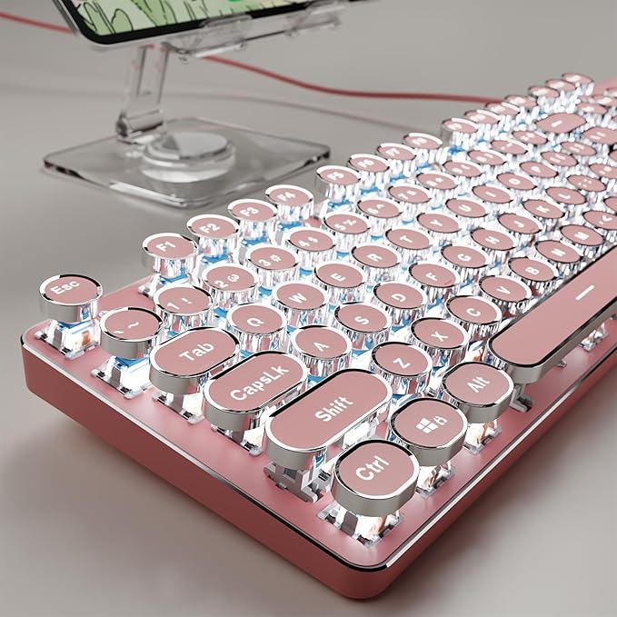 EWEADN TK100 Typewriter Keyboard Wired Mechanical Keyboard, 104 Keys Aesthetic Typewriter Keyboards with White Backlit, Anti-Ghosting, Blue Switch Wired Cute Keyboards-Pink