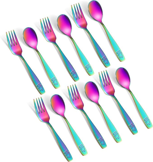 Pimoys 12 Pieces Toddler Utensils Kids Rainbow Silverware Set, Stainless Steel Childrens Safe Forks and Spoons, Metal Kids Cutlery Set, Dishwasher Safe