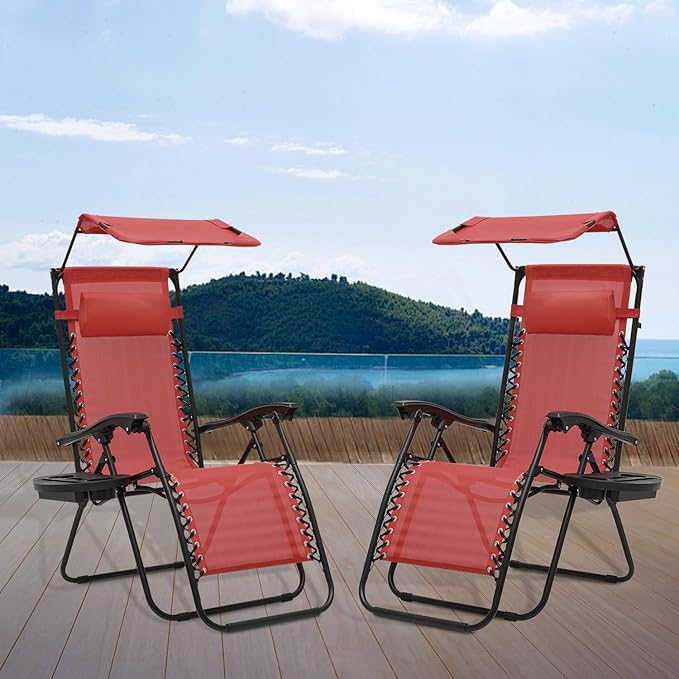 Athena Collection Zero Gravity Outdoor Lounge Chair Set of 2 with Canopy Shade, 25" Width Pool Lounge Lawn Chairs Reclining with Cup Holder, Outdoor Chaise for Beach Patio Outside, Dark Red
