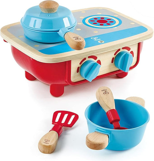 Hape Toddler Kitchen Set | Wooden 6 Piece Cooking Set, Pretend Kitchen Playset with Toy Stove, Frying Pan, Spoon, Spatula