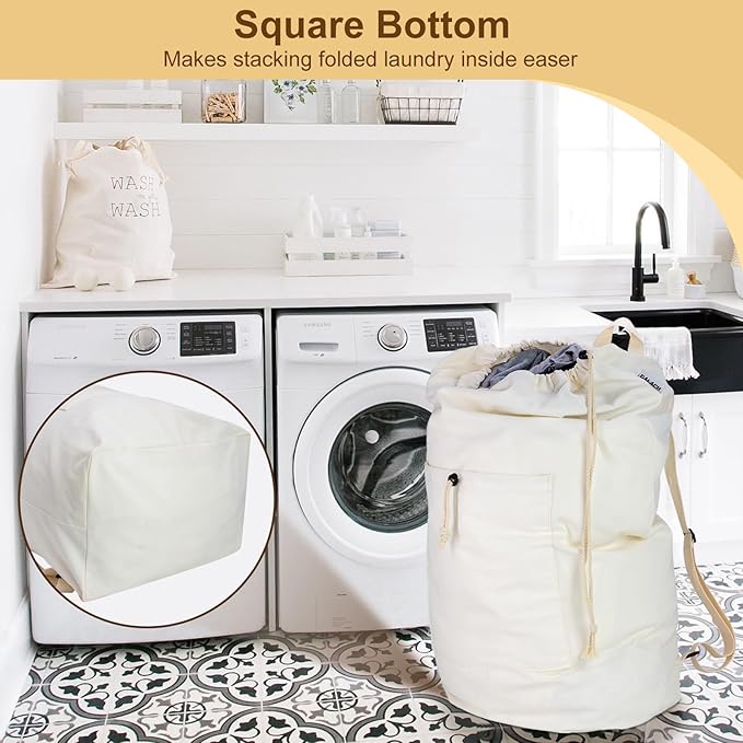 Laundry Bag Backpack, Canvas Laundry Bag with Straps & Drawstring Closure Washable Dirty Cloth Hamper Bag with Large Front Pocket for College, Travel, Laundromat, Camping (2 Pack)